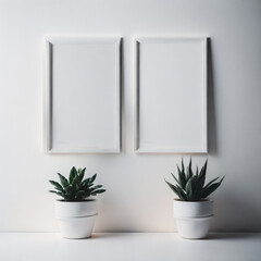 Two potted plants in front of a blank picture frame, white canvas background, white studio background, a minimalist painting, white ambient background ,white frame border. AI Generative