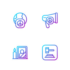 Set line Judge gavel, Mourning photo frame, International day of peace and Peace. Gradient color icons. Vector