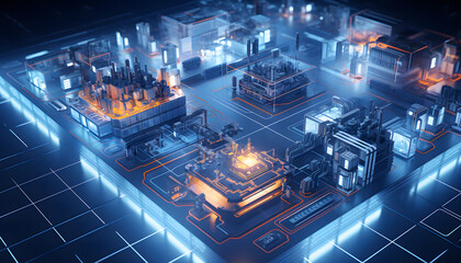 A semiconductor factory, a modern factory in white Production factory, Industry 4.0 - Generative AI