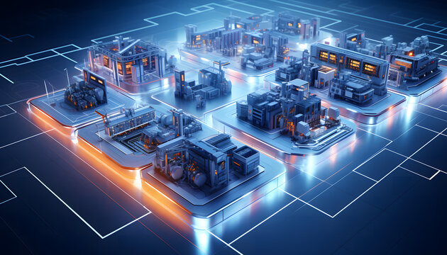 A semiconductor factory, a modern factory in white Production factory, Industry 4.0 - Generative AI