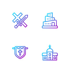 Set line Church building, Flag with christian cross, Crusade and Babel tower bible story. Gradient color icons. Vector