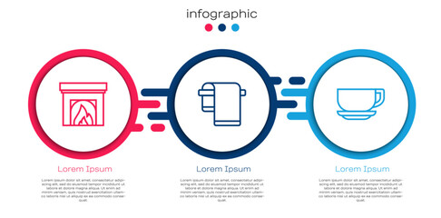 Set line Interior fireplace, Towel on hanger and Coffee cup. Business infographic template. Vector