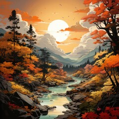 A nature-inspired poster showcasing a lush forest scene in autumn, with trees adorned in rich shades of red, yellow, and gold.