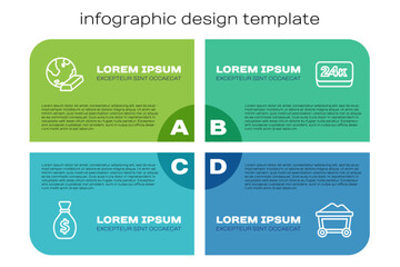 Set line Old money bag, Gold bars, Mine cart with gold and 24k. Business infographic template. Vector
