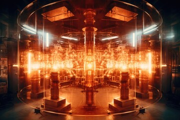 Theme of nuclear fusion. Large experimental setup in a laboratory with plasma being generated at high temperatures. Generative AI