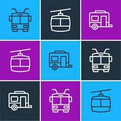 Set line Trolleybus, Rv Camping trailer and Cable car icon. Vector
