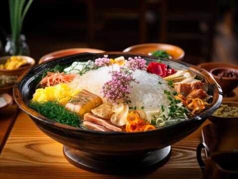 Nagashi Somen served in a traditional wooden dish, embellished with various side dishes