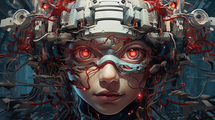 Young female humanoid head is connected to a super computer, symbolizing artificial intelligence. Futuristic illustration of the relationship between humans and neural networks. Copy space