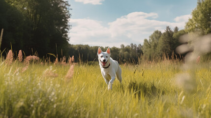 Obraz premium Domestic white dog walking and playing in the meadow. Generative AI technology.