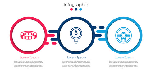Set line Car air filter, Tire pressure gauge and Steering wheel. Business infographic template. Vector