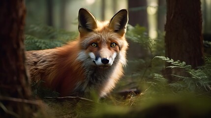 Naklejka na ściany i meble Red fox observing in the woods, nature background. Generative AI technology.