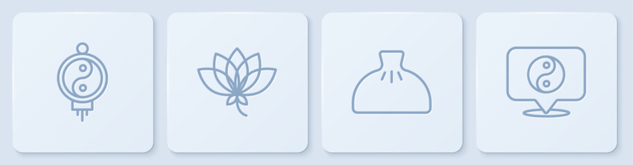 Obraz premium Set line Chinese paper lantern, Dumpling, Lotus flower and Yin Yang symbol. White square button. Vector