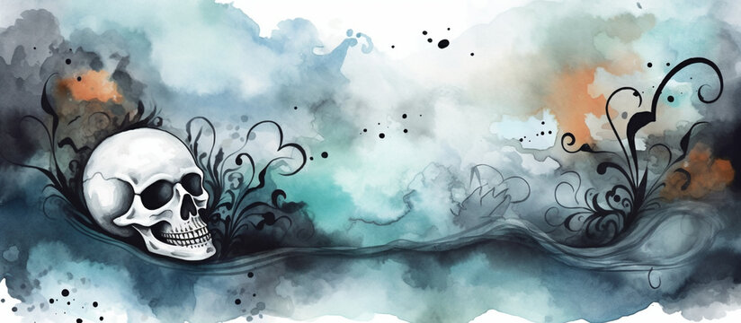 Watercolor Halloween banner with skull and gloomy patterns. copy space. Generative AI