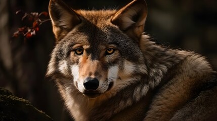 Close up of wolf face stare and observe in the meadow nature background. Generative AI technology.