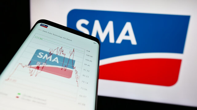 Stuttgart, Germany - 08-21-2023: Mobile phone with website of German company SMA Solar Technology AG on screen in front of business logo. Focus on top-left of phone display.