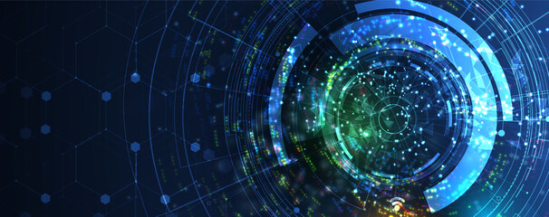 Technology banner design with hexagons abstract background.