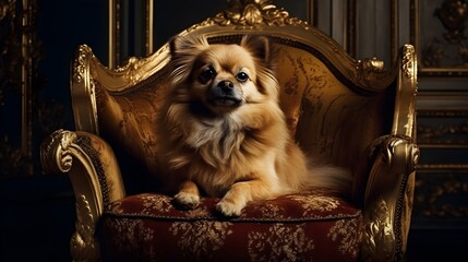 Close up of a cute brown golden pomeranian dog sit and pose on the chair and look at the camera, elegant photo shot. Generative AI technology.