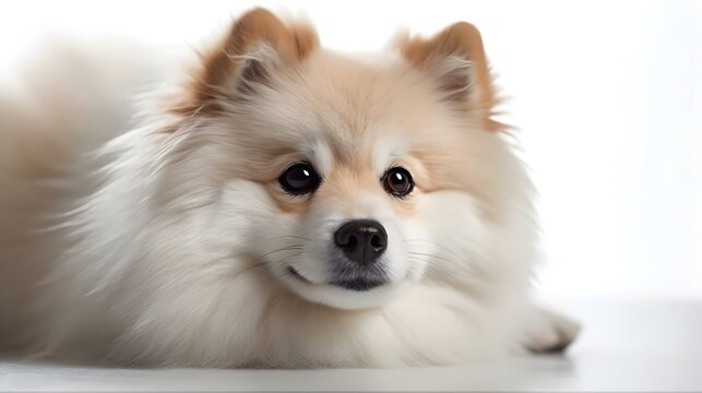 Close Up Of A Cute Face White Pomeranian Dog Sit And Pose Look At The Camera Studio Shot Isolated White Background. Generative AI Technology.