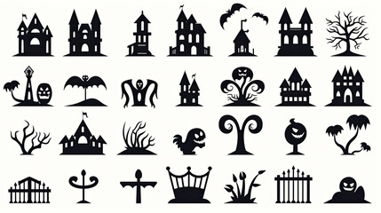 Set of halloween silhouettes black icon and character