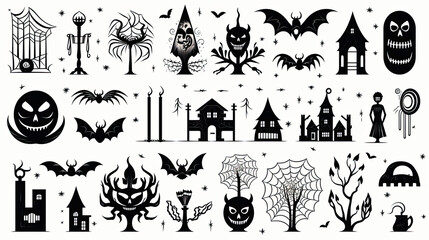 Set of halloween silhouettes black icon and character