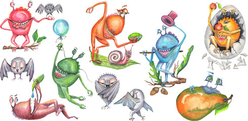 Fototapeta premium A collection of 10 watercolor dragons. Suitable for creating illustrations, patterns, postcards for the year of the green dragon.