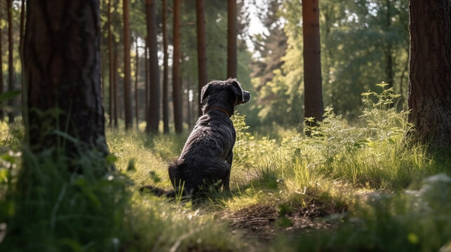 Dog see someone or something in the woods. Dog guard the area. Dog search and rescue concept image. Generative AI technology.