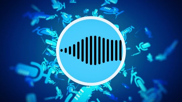 Music production sound industry concept background, audio podcast or other voice entertainment, soundwave in center with microphones around