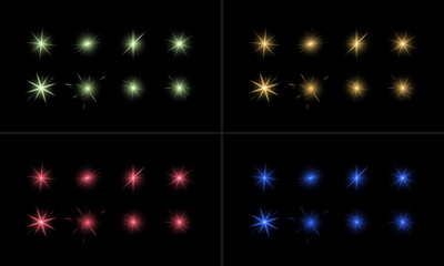 Glowing lights effect, flash, explosion and stars. Special effect isolated on dark background. Transparent background. Pack.