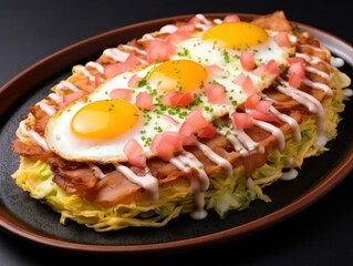 Hiroshima-style Okonomiyaki topped with harmonizing ingredients such as cabbage, pork, egg and sweet sauce, elegantly arranged on a ceramic plate