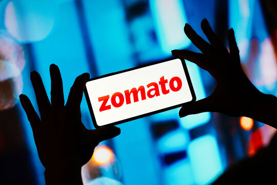 August 24, 2023, Brazil. In this photo illustration, the Zomato logo seen displayed on a smartphone.