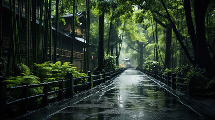 A Bamboo Forest With a Path in The Rain AI Generative