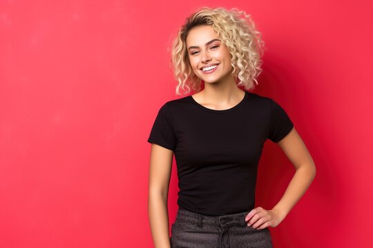 female wearing black tshirt for mock up on solid red background