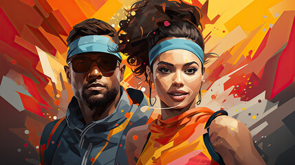 Couple doing sport together, art illustration