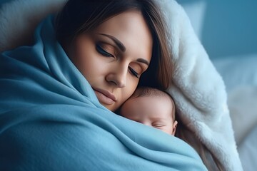 Woman holding adorable baby wrapped in blue blanket. Generative AI