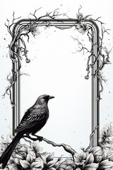 Fototapeta premium Antique-style calligraphic ornament with raven birds forming copy space frame in black and white vector design 