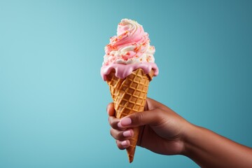 A playful image of a hand holding a melting ice cream cone against a vibrant background. Generative AI