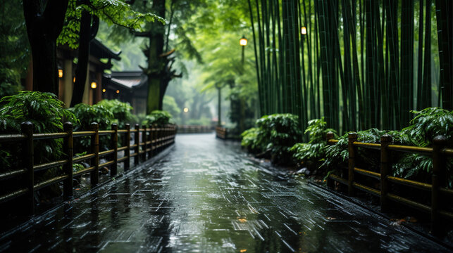 A Bamboo Forest With a Path in The Rain AI Generative