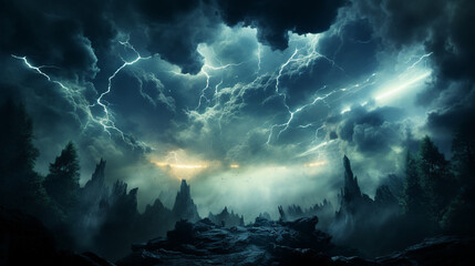 Background End of the world Apocalypse, montain, clounds, lightning and volcanoes, Generative Ai