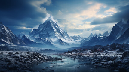 beautiful landscape with mountains, snow and river, Generative Ai