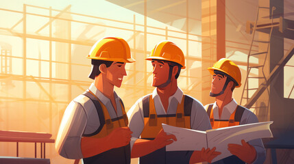 engineer working with friends, wearing helmet at construction site