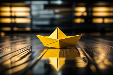 Concept of an entrepreneur leaving mainstream and changing direction represented by a yellow paper boat on a black wooden table 