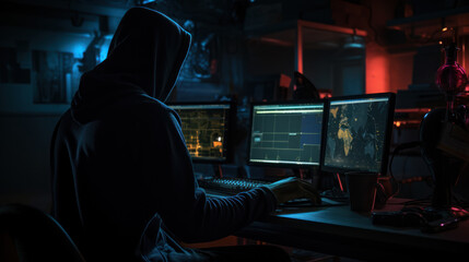 Fototapeta na wymiar hacker working in the dark room