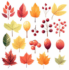 Autumn's Palette, Vibrant Leaves and Berries in Cartoon Style