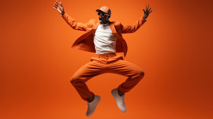 Fototapeta na wymiar Stylish african american man in orange suit and sunglasses jumping on orange background.