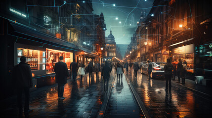 London street at night with glowing lights, UK. Travel concept.