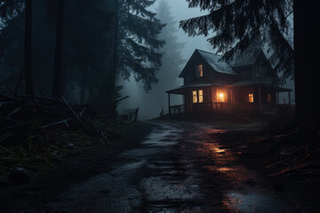 Scary house in mysterious horror forest 