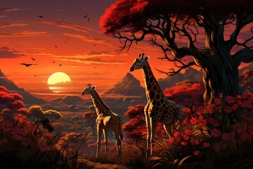 Graceful Giraffes. Two giraffes gracefully reaching for leaves on a tall acacia tree against the backdrop of a colorful African sunset.