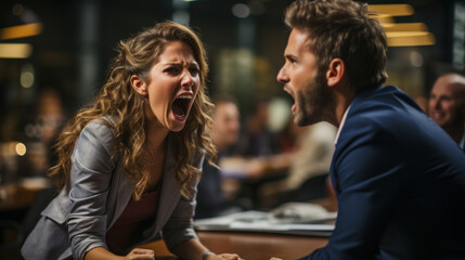 Fototapeta premium Business woman and man colleagues disputing arguing at corporate office meeting, mad angry shocked female employee disagree with coworker blaming for bad work, conflict and rivalry at workplace.