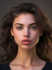 Fototapeta premium Beautiful caucasian brunette woman wiith sexy smile. She is happy that she used the services of your beauty salon or cosmetology clinic. Shows her augmented plump lips, ready to kiss.