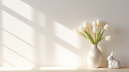 White tulips in a white ceramic vase with white ceramic rabbit stand on a wooden table in the morning sun light. Living room still life. Empty wall copy space. 